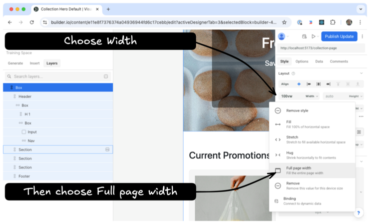 Image of the Layout section of the Style tab where you can choose Full page width under Width.