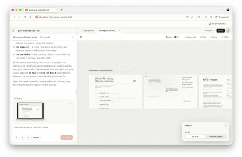 Claude AI interface showing a web design workspace with a "tweaks" panel in the bottom right corner offering toggles for "all four" or "one full-bleed" design layouts.