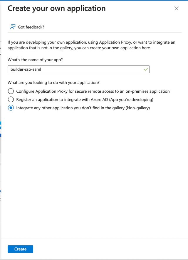 Screenshot of the Azure Create your own application dialogue.