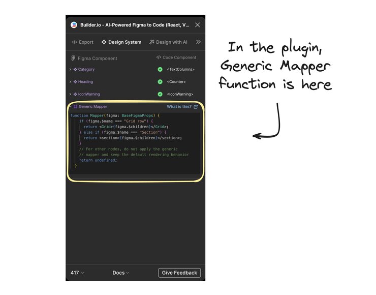 Image of the builder Figma plugin and a note with an arrow to the other nodes section. The note says, "In the plugin, Generic Mapper function is here".