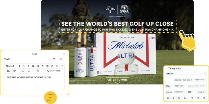 Michelob Ultra PGA Championship sweepstakes page with text and typography editing panels from the Builder.io visual editor