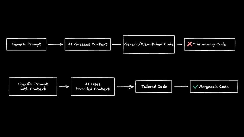 Diagram comparing two prompt workflows: a generic prompt leads the AI to guess context and produce mismatched, throwaway code, while a specific prompt with context results in tailored, mergeable code.