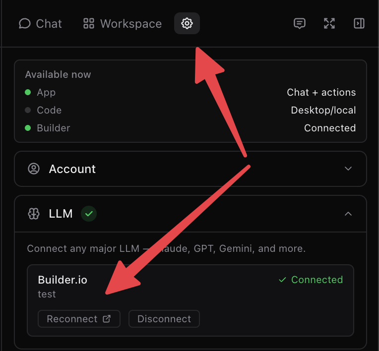 Settings menu in the Agent Native application showing a successful connection to Builder.io.