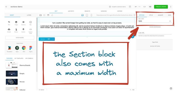 Screenshot of the Section block's Option tab where it has a default maximum width of 1200 pixels. A note on the screenshot says "the section block also comes with a maximum width".