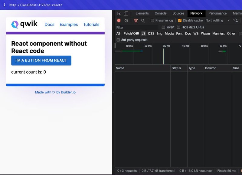 A screenshot of a Qwik app with the devtools network pane on the right that shows only 7.7KB transfer over the network.