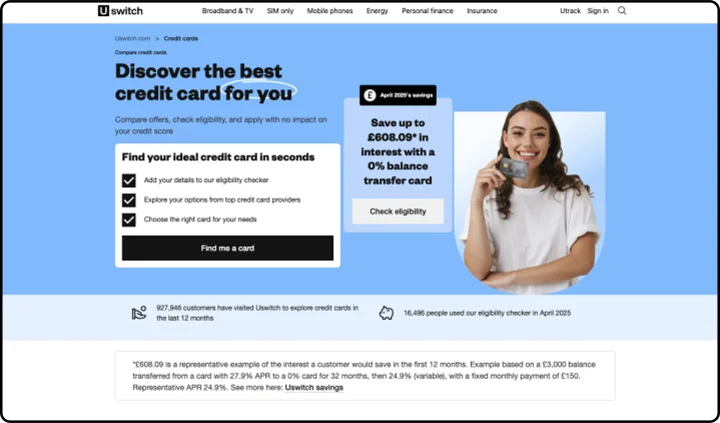 Uswitch credit card comparison page with an eligibility checker