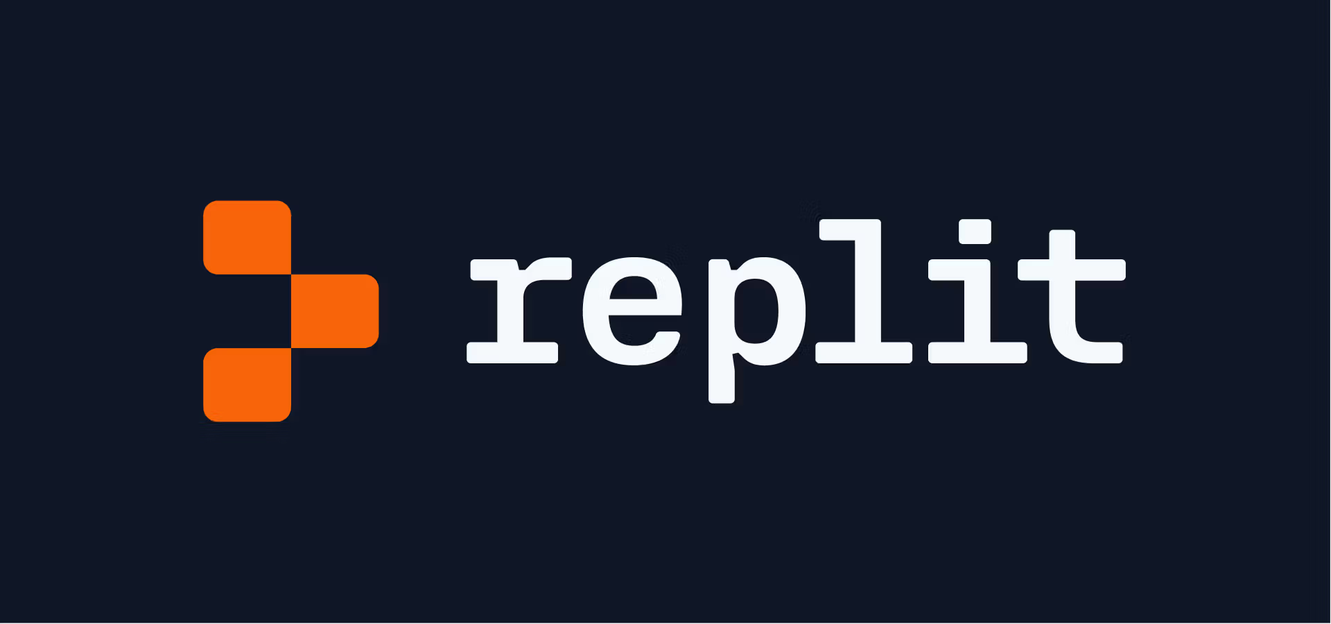 Replit logo featuring a stylized, orange, three-block geometric icon next to the word "replit" in white text on a dark blue background.