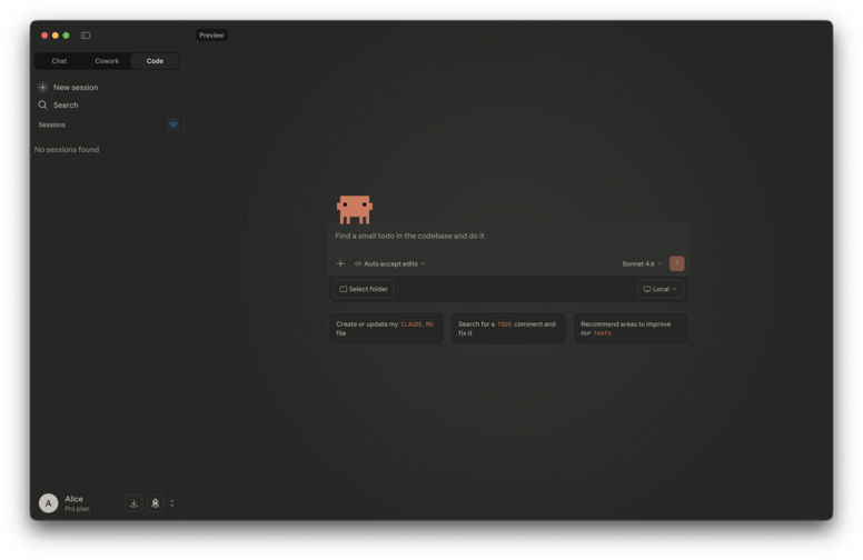 The Claude Code tab open in the Claude Desktop app.