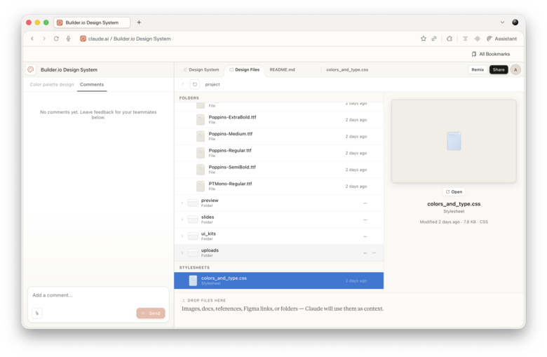 The Builder.io Design System interface in a web browser showing a file list of various font files and a selected CSS stylesheet named colors_and_type.css, with a sidebar for comments and a bottom section for uploading project assets.