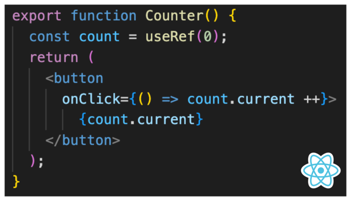 Screenshot of a code example of a counter component with useRef in React.