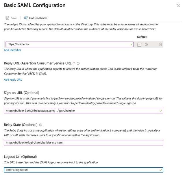 Screenshot of Basic SAML Configuration dialogue in Azure.