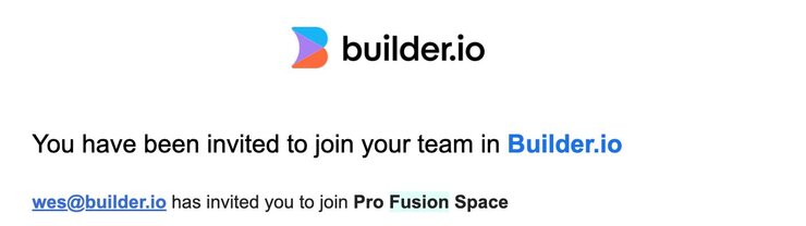 Email header for a Builder Space invite that shows the Builder logo, and the text you have been invited to join your team in Builder.io.