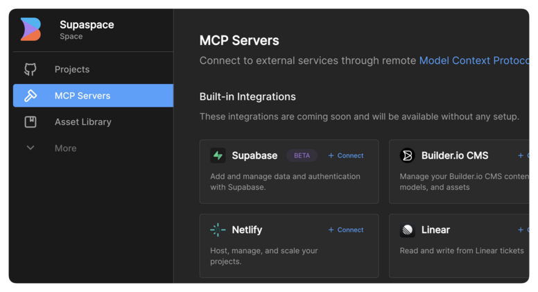 Screenshot of the Builder.io MCP Servers interface, displaying built-in integration options for Supabase, Builder.io CMS, Netlify, and Linear, with Supabase selected to demonstrate where users connect external services for Fusion projects.