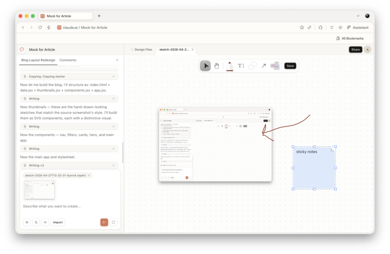Claude Design interface featuring a chat panel on the left and a whiteboard-style canvas on the right, with a hand-drawn sticky note being added to the workspace.