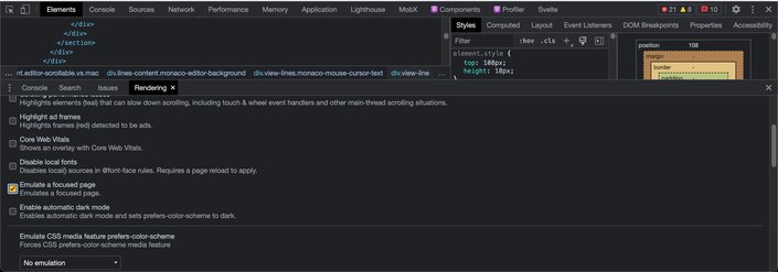a screenshot of the Rendering pane inside devtools showing "emulate a focused page" checkbox selected. 
