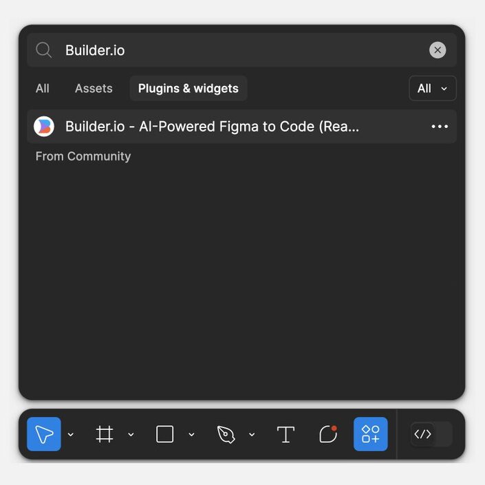 Figma plugin search interface showing Builder.io AI-Powered Figma to Code plugin in the Plugins & widgets section.