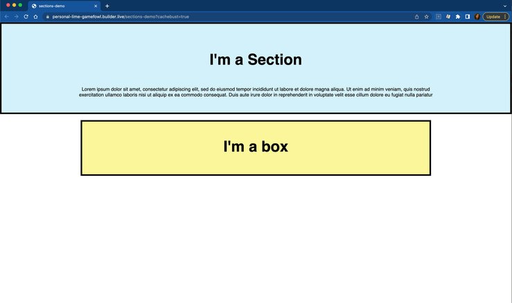 Screenshot of a Section and a Box block on a live page. The section reaches all the way to the browser side edges but the Box is constrained and does not reach the edges.