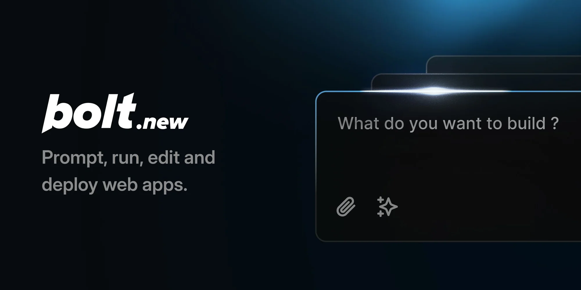 Bolt.new logo text with the prompt What do you want to build? inside a glowing, dark-themed text entry box.