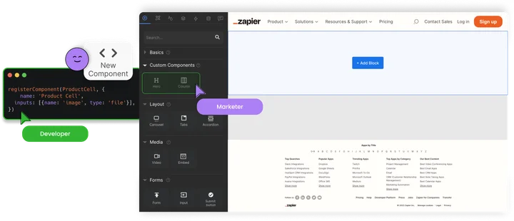 Developer registering a custom component in code that a marketer then uses on a Zapier page in the Builder.io visual editor