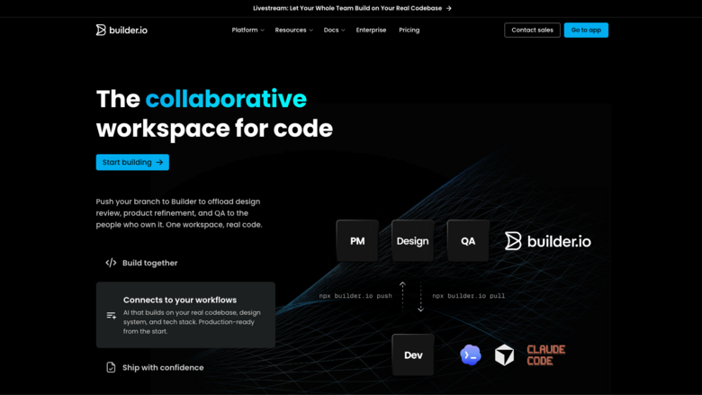 Diagram showing how Builder.io connects project managers, designers, and quality assurance testers to developer workflows using npx commands to push code changes to and pull updates from a centralized, collaborative workspace.