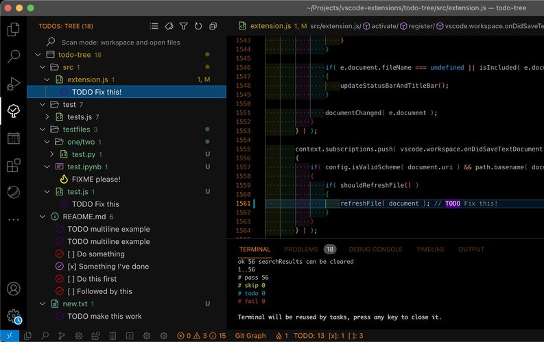 A VS Code window displaying the TODO Tree extension with a tree view of TODO items and tagged comments alongside the code editor panel, highlighting tasks like TODO and FIXME.