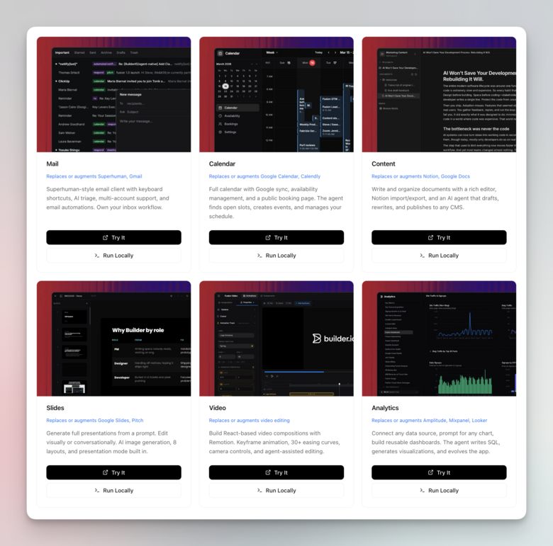 A grid of six product templates available for customization: Mail, Calendar, Content, Slides, Video, and Analytics. Each card features a screenshot of the respective interface, a description of the tools it can replace or augment, and two buttons for "Try It" or "Run Locally.