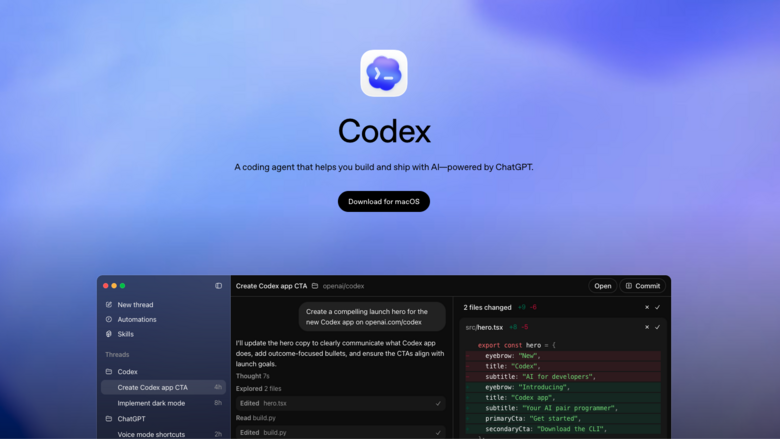 OpenAI Codex desktop application interface featuring a project thread view with a file diff editor showing proposed code changes and buttons for open and commit actions.