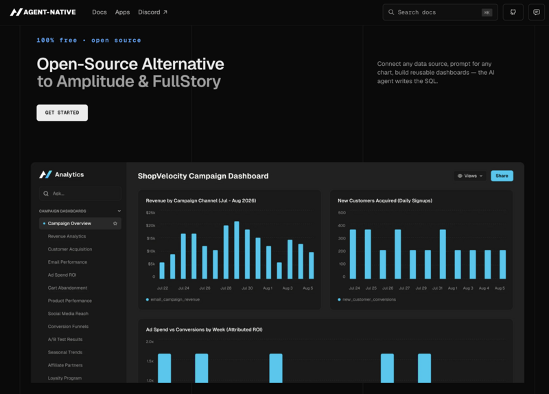 Agent Native Analytics dashboard showcasing a ShopVelocity campaign, featuring bar charts for revenue by channel and new customer signups, alongside a sidebar for navigation and an AI prompt input field at the top.