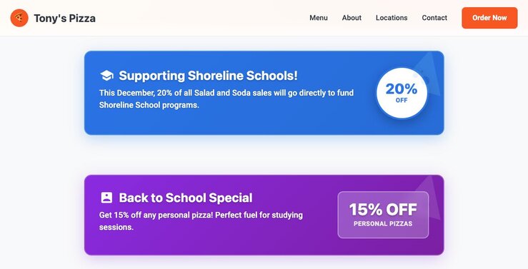 Image of two deals for a pizza shop where one mentions supporting schools in the month of December while the other is a Back to School special deal.