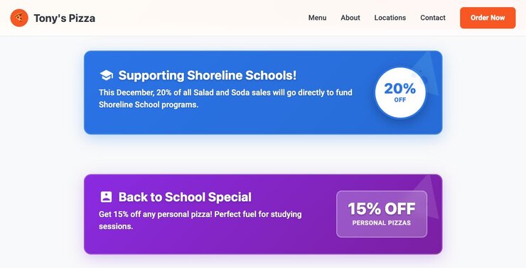Image of two deals for a pizza shop where one mentions supporting schools in the month of December while the other is a Back to School special deal.