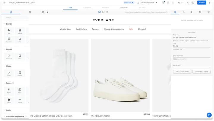 Everlane homepage with product listings open in the Builder.io visual editor