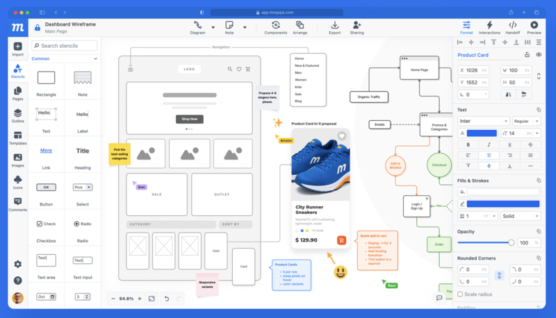 A browser-based wireframing interface displaying a dashboard layout with product cards, flowcharts, navigation menus, and sidebar editing panels for adjusting component properties.