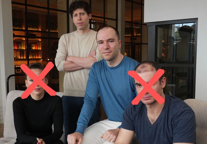 OpenAI's recent key leadership team with Xs over the faces of those no longer there