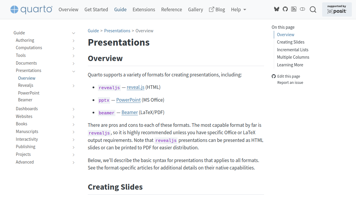 Quarto presentation documentation showing reproducible slide formats