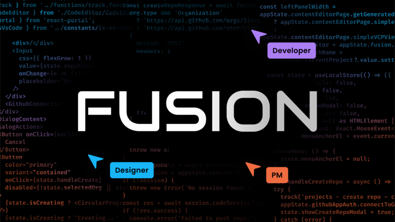 The Fusion logo, surrounded by arrows labeled "Developer", "Designer", and "PM".