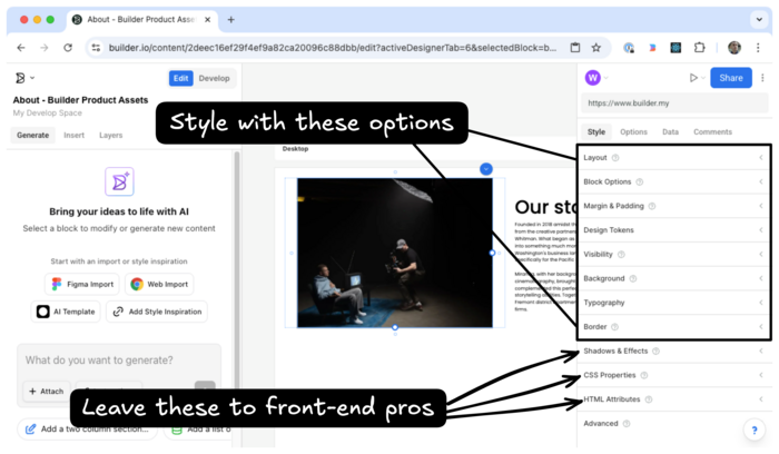 Image of the Style Tab that advises the user to, "Style with these options: Layout, Visibility, Background, Typography, Margin & Padding, Border, and Shadows & effects.  Then, a second note states that the last three sections, Css Properties, HTML Attributes, and Advanced, are best left to front-end pros. 