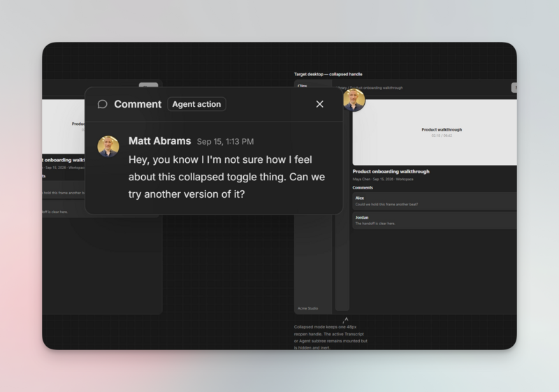 A digital interface showing a feedback comment window pinned over a wireframe design. The user, Matt Abrams, has written a comment expressing uncertainty about a collapsed toggle feature, directly referencing a specific design element in the project document.