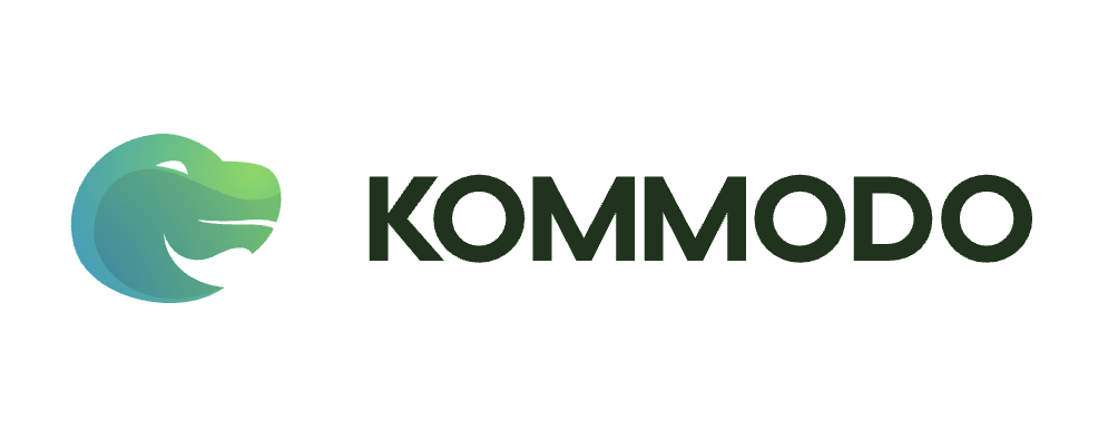 Kommodo logo, featuring a stylized, gradient-colored green-to-blue head of a Komodo dragon next to the word "KOMMODO" in a dark, bold, sans-serif font.