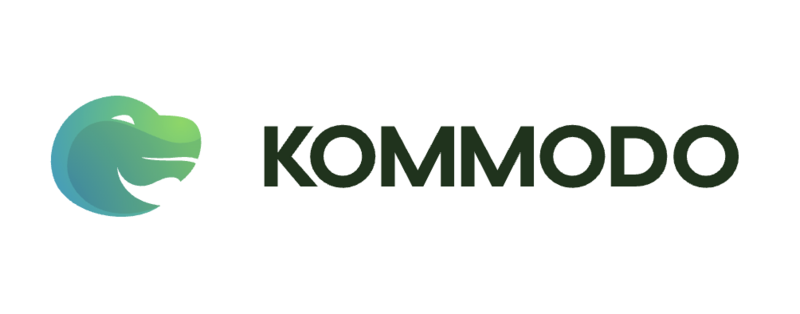 Kommodo logo, featuring a stylized, gradient-colored green-to-blue head of a Komodo dragon next to the word "KOMMODO" in a dark, bold, sans-serif font.