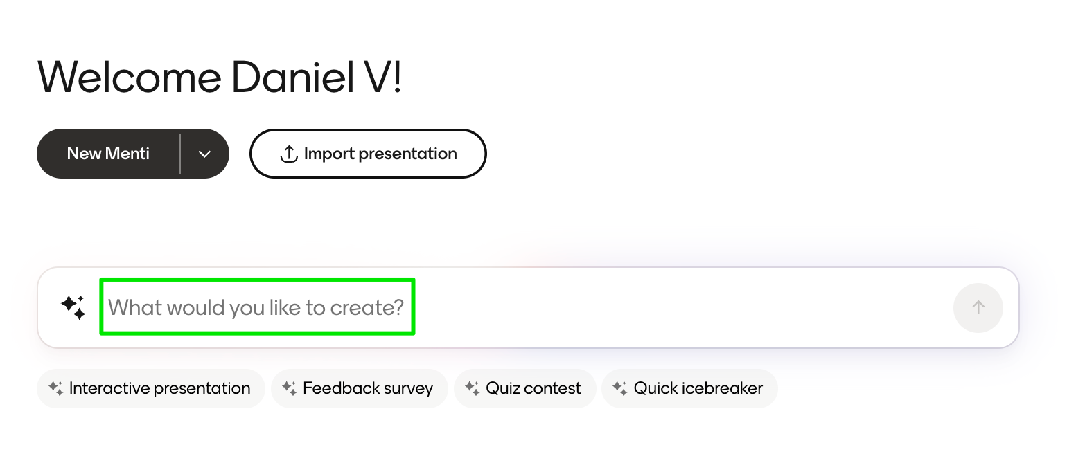 Mentimeter interface for creating an interactive presentation with AI, templates, or imported slides