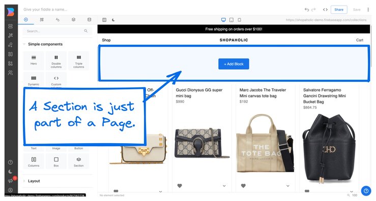 Image of the Visual Editor in which an editable section is pointed out with a note that reads, "A Section is just part of a Page."