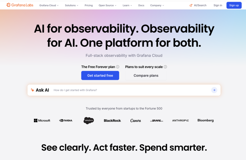 Grafana Cloud landing page featuring the headline AI for observability. Observability for AI. One platform for both, with buttons for a free plan and comparing plans, a search bar, and logos of partner companies including Microsoft, NVIDIA, and Salesforce.