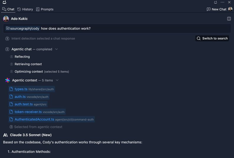 A screenshot of the Sourcegraph Cody extension in VS Code, displaying a chat interface answering a question about authentication with a list of context filters and a Claude 3.5 Sonnet response.