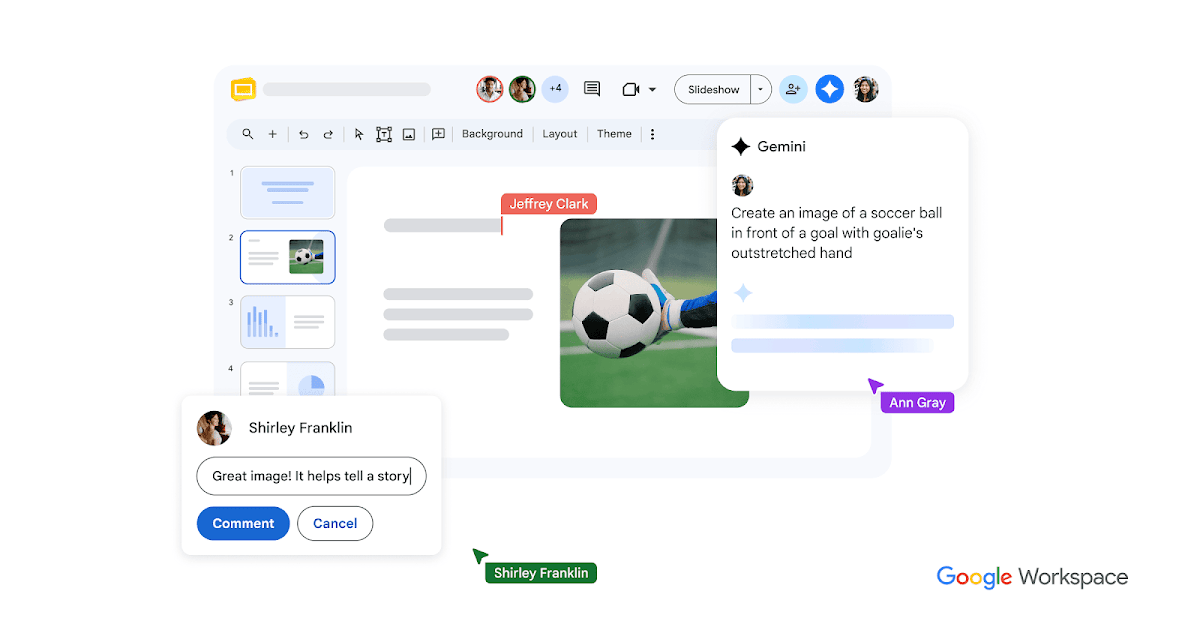 Google Slides presentation workspace with Gemini and collaboration tools