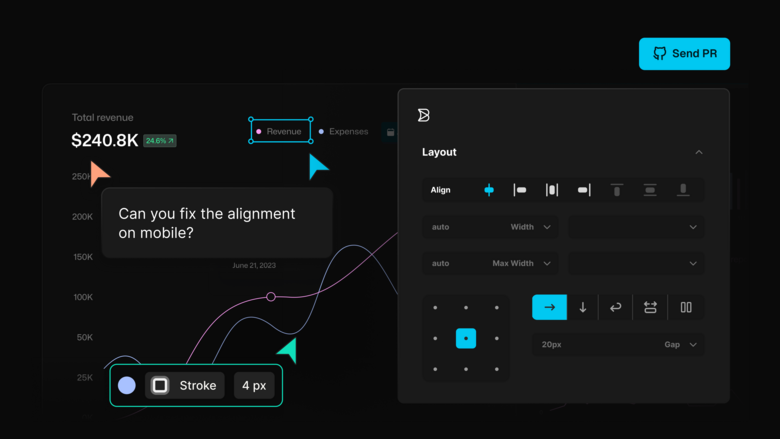 A digital interface showing a data visualization chart with an overlay chat bubble asking to fix mobile alignment, accompanied by a layout control panel for configuring component positioning, spacing, and alignment settings.