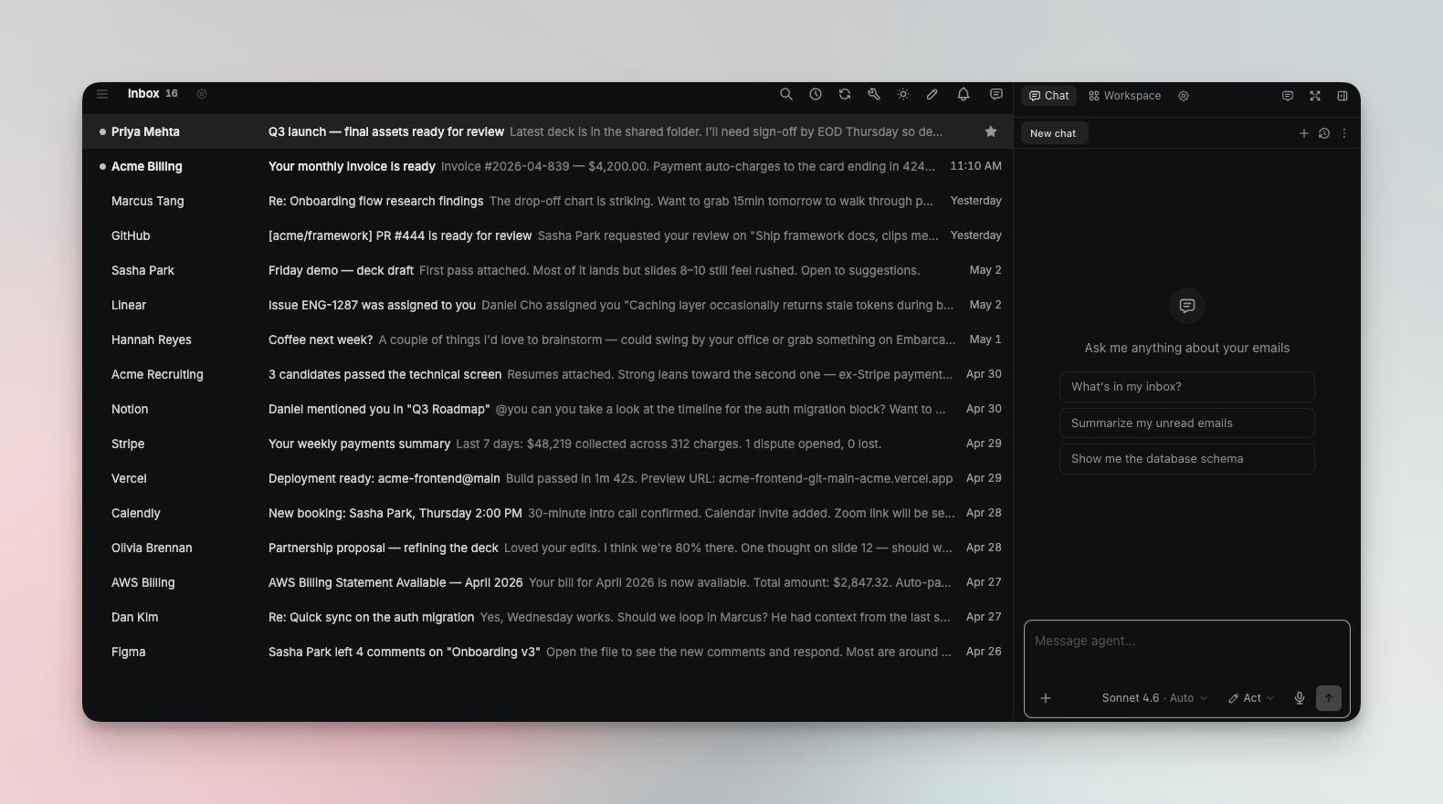 A dark-mode email interface split into two panels: an inbox list on the left showing recent emails and a chat window on the right featuring an AI agent that prompts the user to ask about their emails.