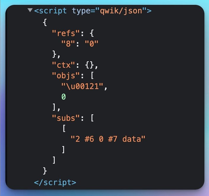 a screenshot of devtools HTML pane showing the JSON data Qwik puts inside a script tag.
