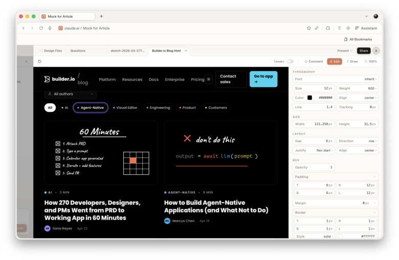 Interface showing a Claude Design project with a blog-style layout, side-panel property editors, and a post titled How to Build Agent-Native Applications.