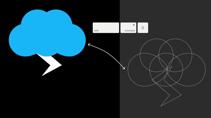 Outline view toggle (Shift+Command+O) demonstration showing a thundercloud shape transforming from solid blue to outlined wireframe structure