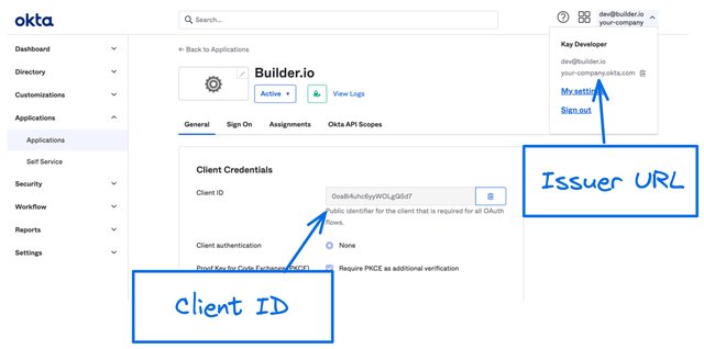 Image of the Applications section of the Okta dashboard. The Client ID and Issuer URL have labels and arrows pointing at them to help locate them.